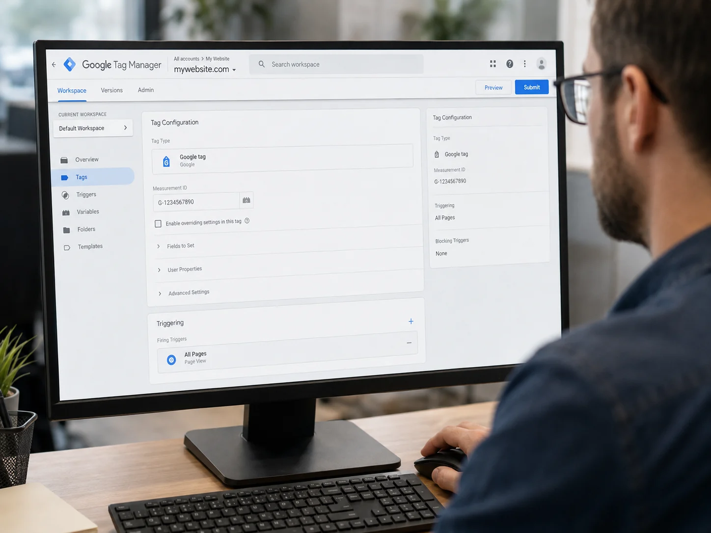 A consultant configuring a Google Tag Manager tag on a desktop computer